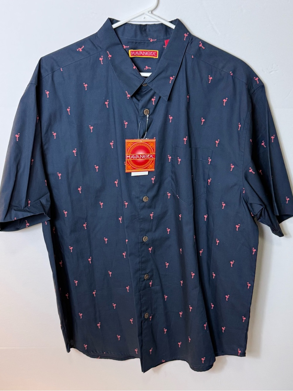 Havanera Navy Short-Sleeve Button-Down Shirt with Pink Flamingo Print